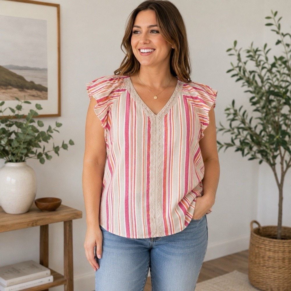 Cupio Linen Blend Flutter Sleeve Button Up Top Women's Size Large